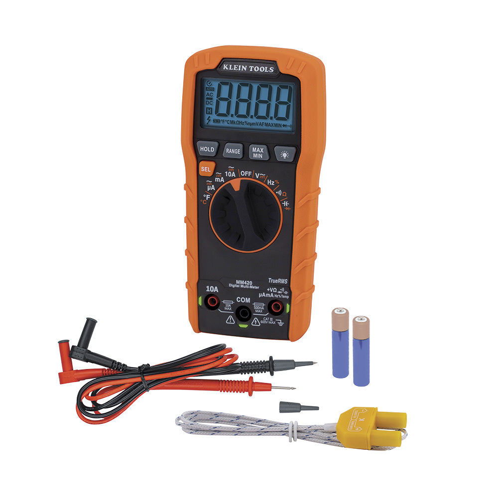 Klein Digital Multimeter, TRMS Auto-Ranging, 600V, Temp